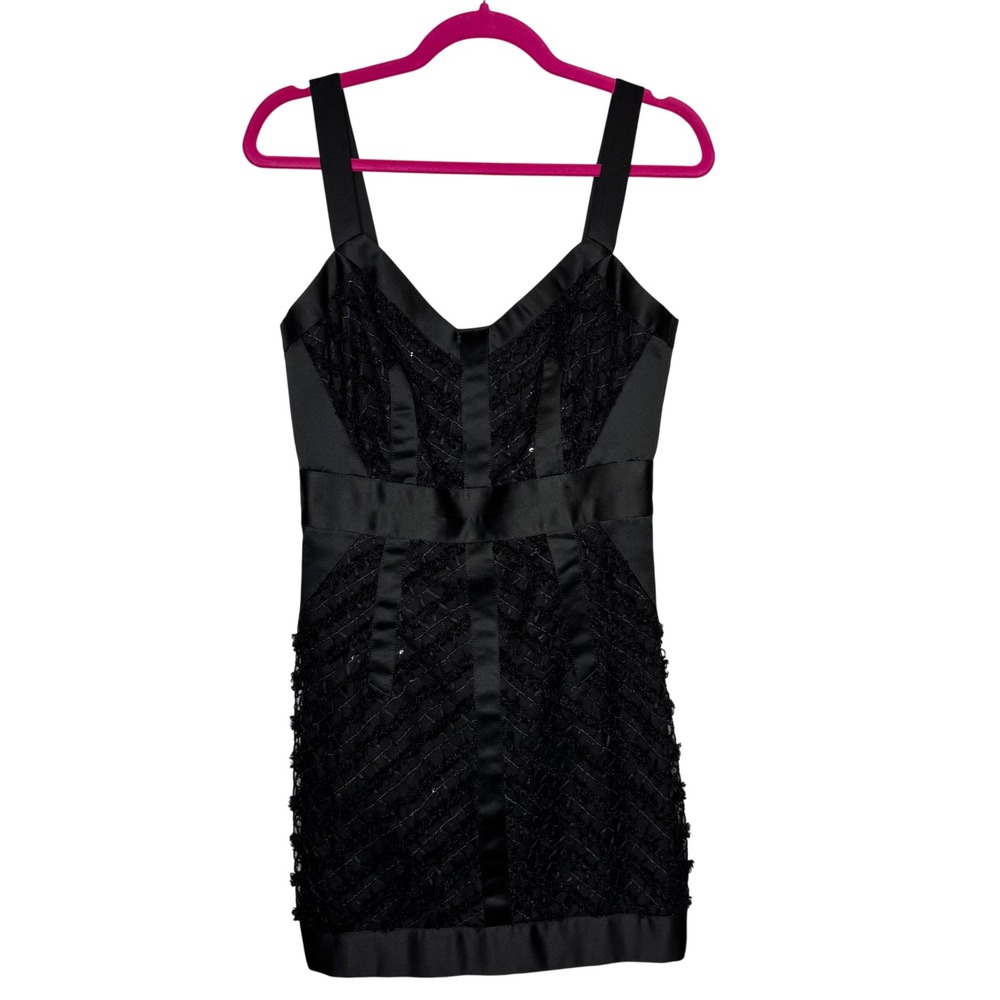Milly Black Lace Satin Panel Sequin Cocktail Mini Dress Size 6 Made in USA